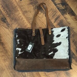 Brown and Black Tote Bag with Cow Print